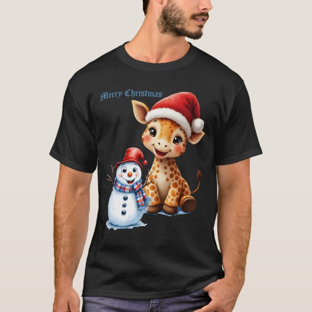 Cute Tecknad Giraffe med Santa Hat & Snögubbe T Shirt (Framsida)