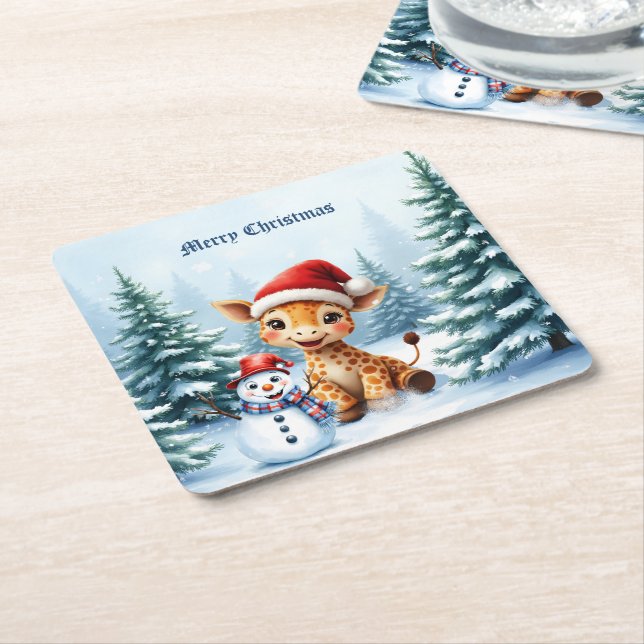Cute Tecknad Giraffe med Santa Hat & Snögubbe Underlägg Papper Kvadrat (Vinklad)