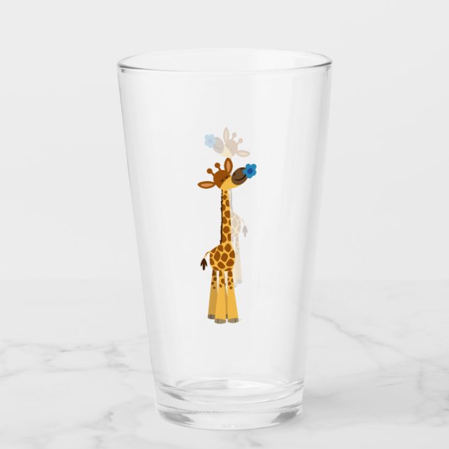 Cute Tecknad Giraffe och Blue Flower Glass Tumbler Glaskopp (Framsida)