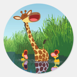 Cute Tecknad Giraffe och Ducklings Sticker Runt Klistermärke