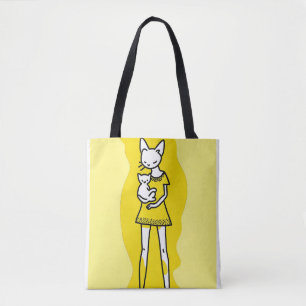 "Cute Tecknad Girl in Dress Holding White Kitten - Tygkasse