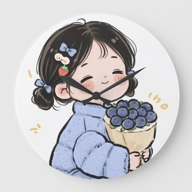 Cute Tecknad Girl med Bluebär Wall Clock Stor Klocka (Framsida)