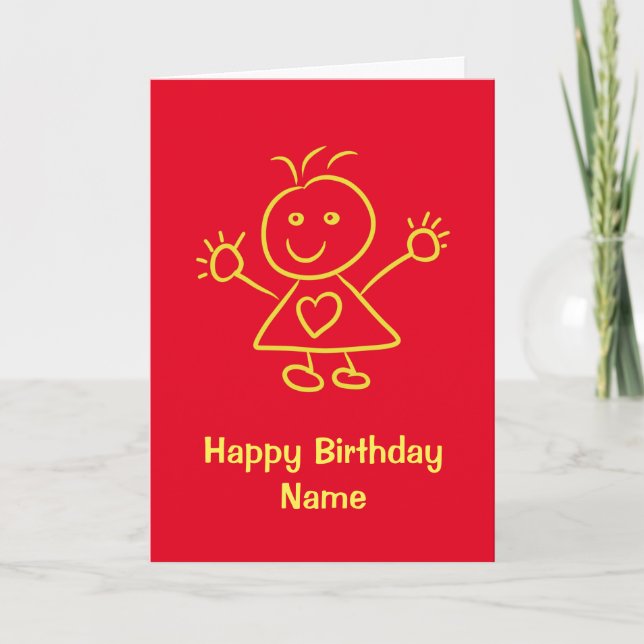 Cute Tecknad Girl Red Gult Birday Card Kort (Framsida)