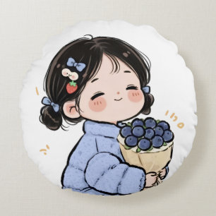 Cute Tecknad Girl with Bluebär Dekorativ kudde