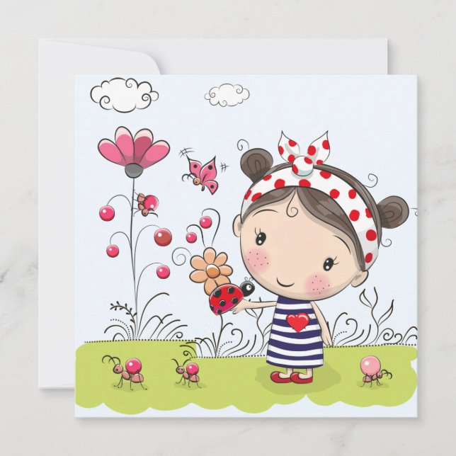 Cute Tecknad Girl with Ladybug in Garden Scene (Framsida)