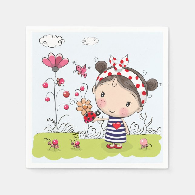 Cute Tecknad Girl with Ladybug in Garden Scene Pappersservett (Framsidan)