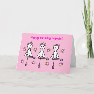 Cute Tecknad Girls Triplets Rosa Birday Card Kort