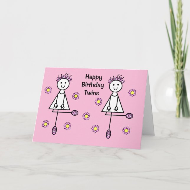 Cute Tecknad Girls Twillingar Rosa Birday Card Kort (Framsida)