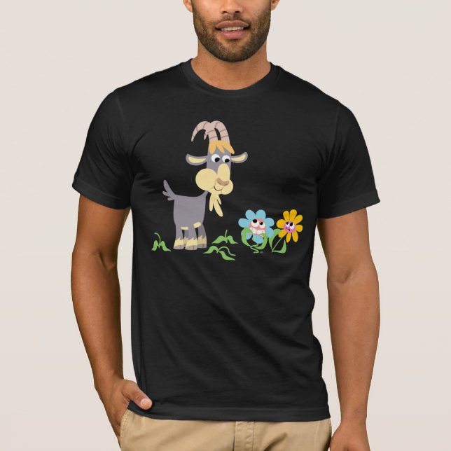 Cute Tecknad Goat and Flowers T-Shirt (Framsida)