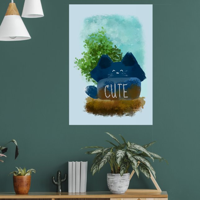 Cute Tecknad Gömt Fluffy Blue Cat Poster (Vardagsrum 1)