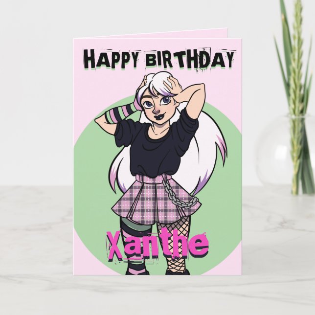 Cute Tecknad Goth Girl Rosa Birthday Kort (Framsida)