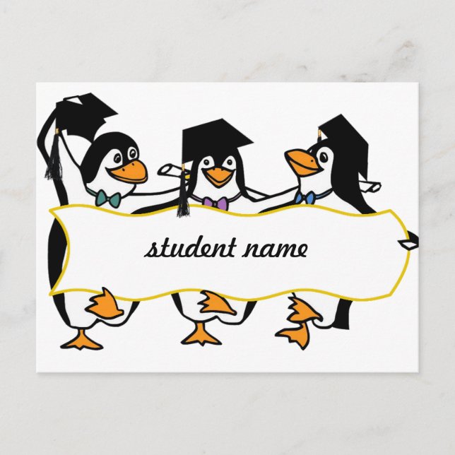 Cute Tecknad Graduating Penguins w/Banner Meddelande Vykort (Framsida)