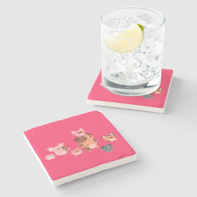 Cute Tecknad Gris Family Stone Underlägg Sten (Sidan)