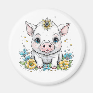 Cute Tecknad Gris i Flowers Magnet