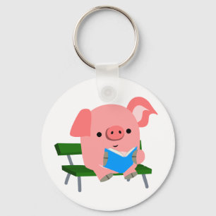 Cute Tecknad Gris, läsning på en bench Keychain Nyckelring