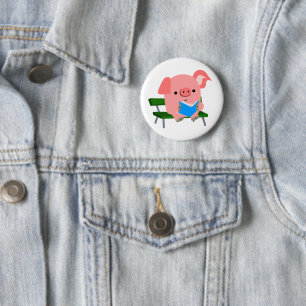 Cute Tecknad Gris Läsning på ett bench Button Badg Knapp