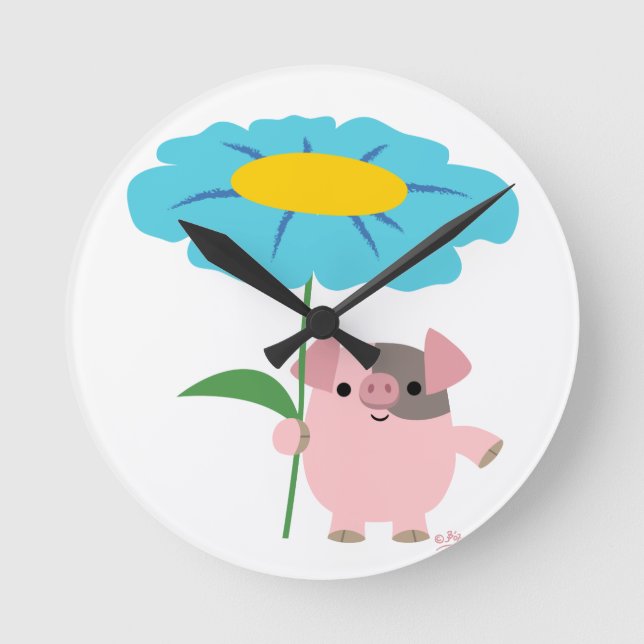 Cute Tecknad Gris med blått väggklocka (Framsida)