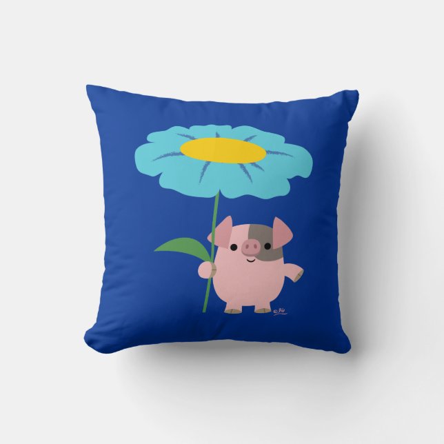 Cute Tecknad Gris med lyft (blått) fyllning Kudde (Framsida)