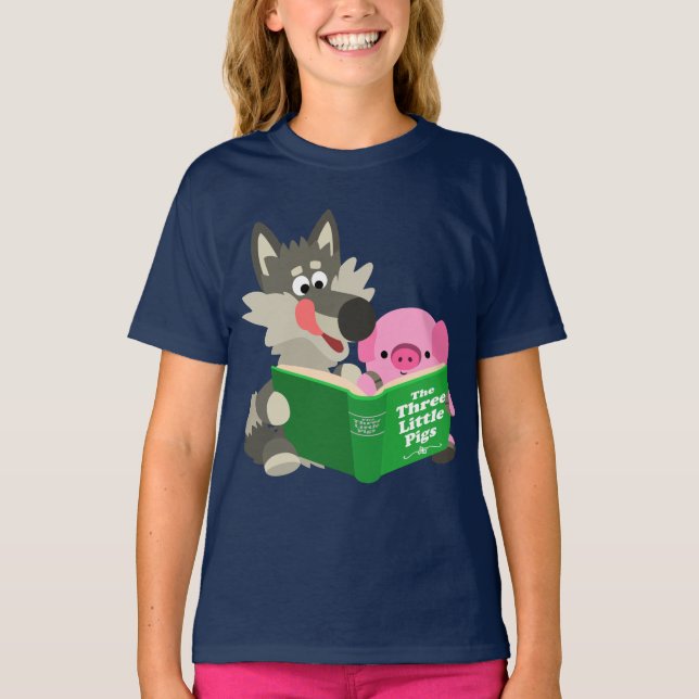 Cute Tecknad Gris och Varg som läser barn T-Shirt (Framsida)