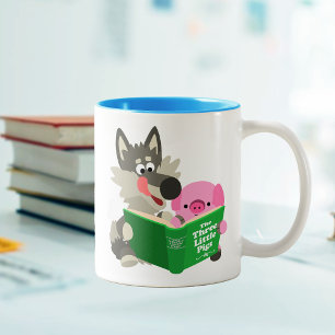 Cute Tecknad Gris och Varg som läser tillsammans M Två-Tonad Mugg