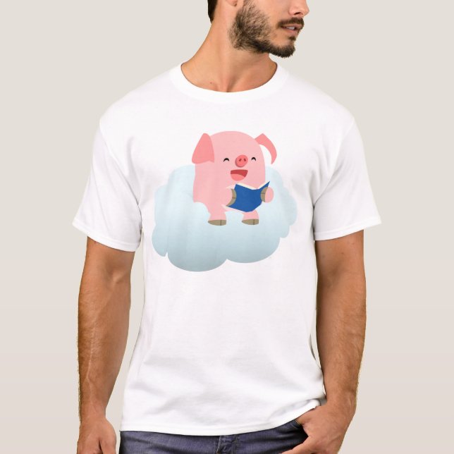 Cute Tecknad Gris Reader på Cloud Children T-Shirt (Framsida)
