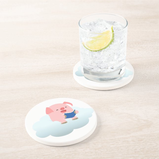Cute Tecknad Gris Reader på Cloud Underlägg Sandsten (Sidan)