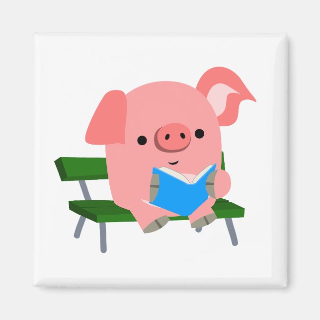 Cute Tecknad Gris Reading on a Bench Magnet (Framsidan)