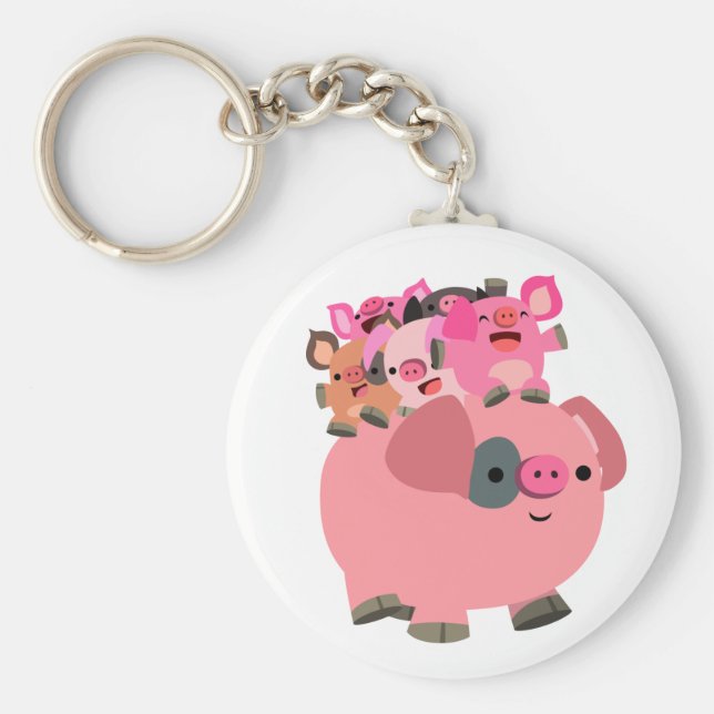 Cute Tecknad Gris som transporterar smågrisar Nyckelring (Framsidan)