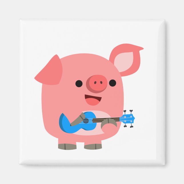 Cute Tecknad Gris spelar Ukulele Magnet (Framsidan)