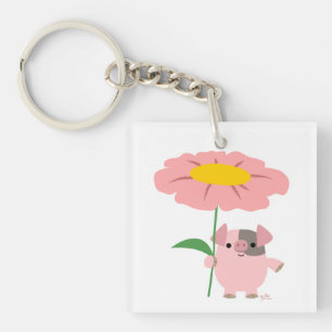 Cute Tecknad Gris with Gift (Rosa) Acrylic Keychai
