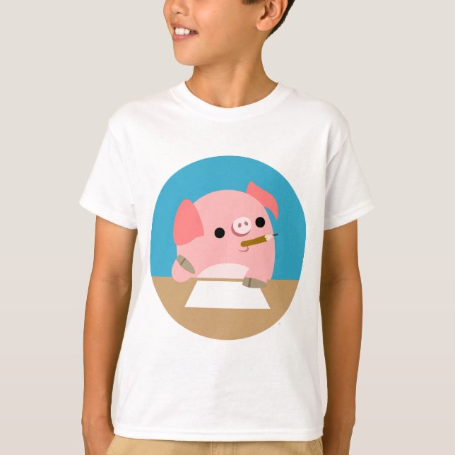 Cute Tecknad Gris "Writer's Block" Children T-Shir Tee Shirt (Framsida)