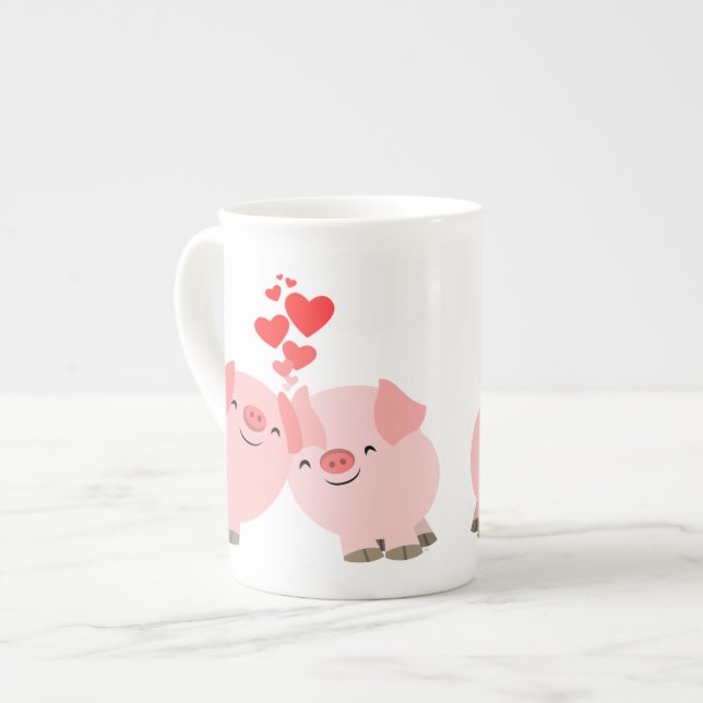 Cute Tecknad Grisar i Kärlek Bone China Mugg Benporslin Mugg (Framsida vänster)