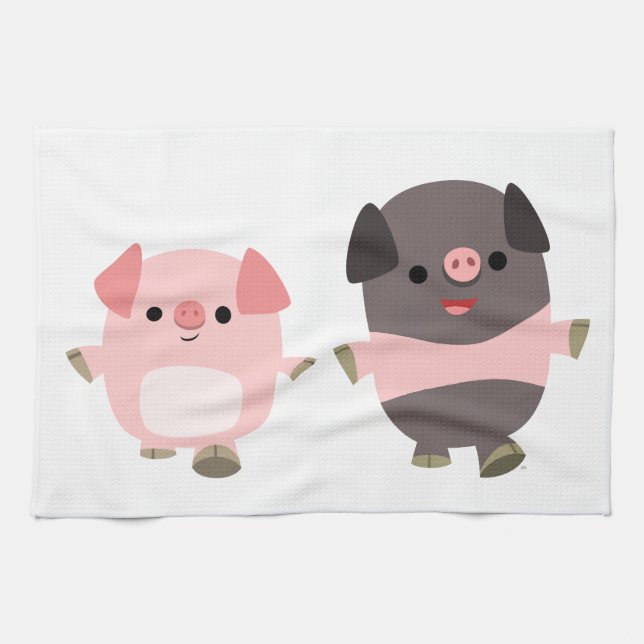 Cute Tecknad Grisar på ett Walk Kitchen Towel Kökshandduk (Horisontell)