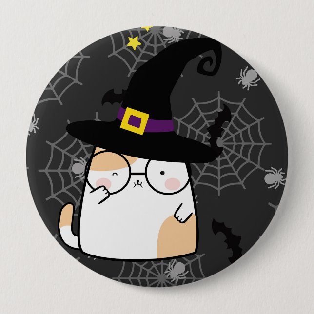 Cute Tecknad Halloween Cat med glas Knapp (Framsida)