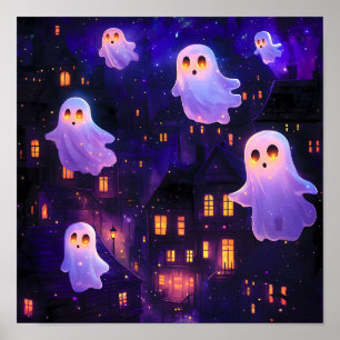 Cute Tecknad Halloween Midnight Flies Spöken Poster