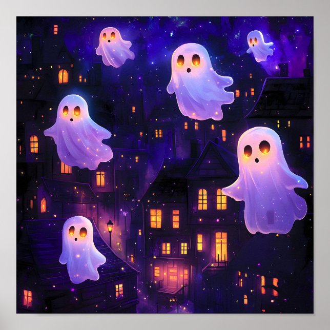 Cute Tecknad Halloween Midnight Flies Spöken Poster (Framsidan)