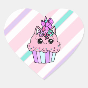 Cute Tecknad Heart Unicorn Cupcoa Hjärtformat Klistermärke
