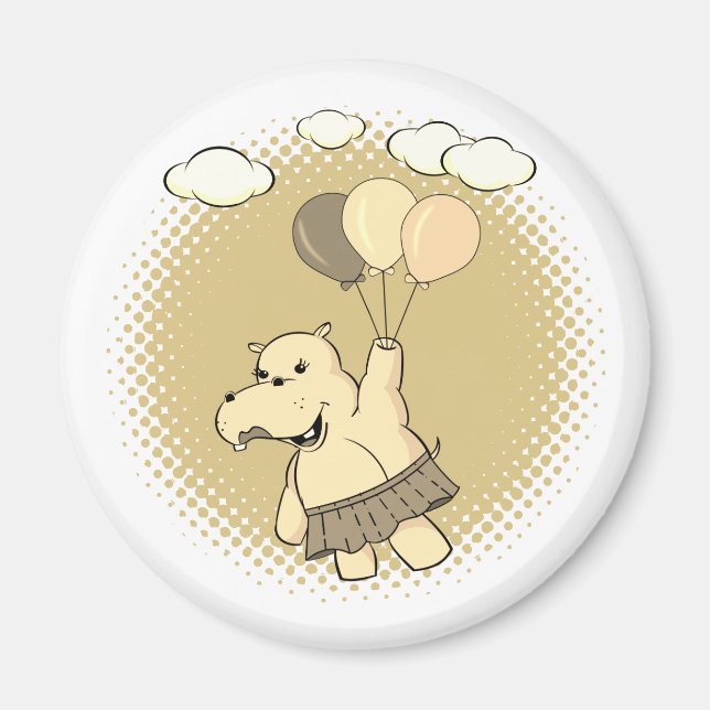 Cute Tecknad Hippo som flyger med ballonger Magnet (Framsidan)