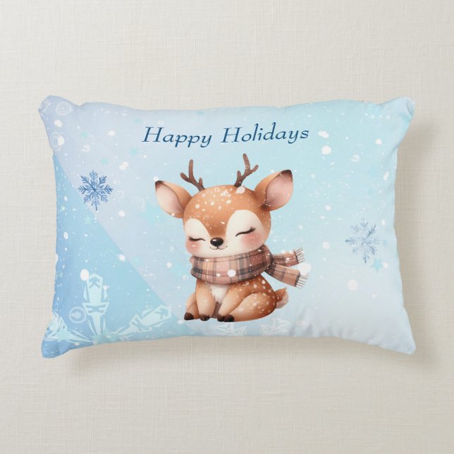 Cute Tecknad Hjort i Snö Prydnadskudde (Framsidan)