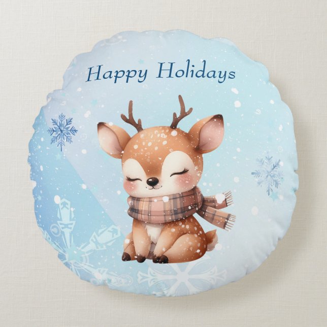 Cute Tecknad Hjort i Snö Rund Kudde (Framsidan)