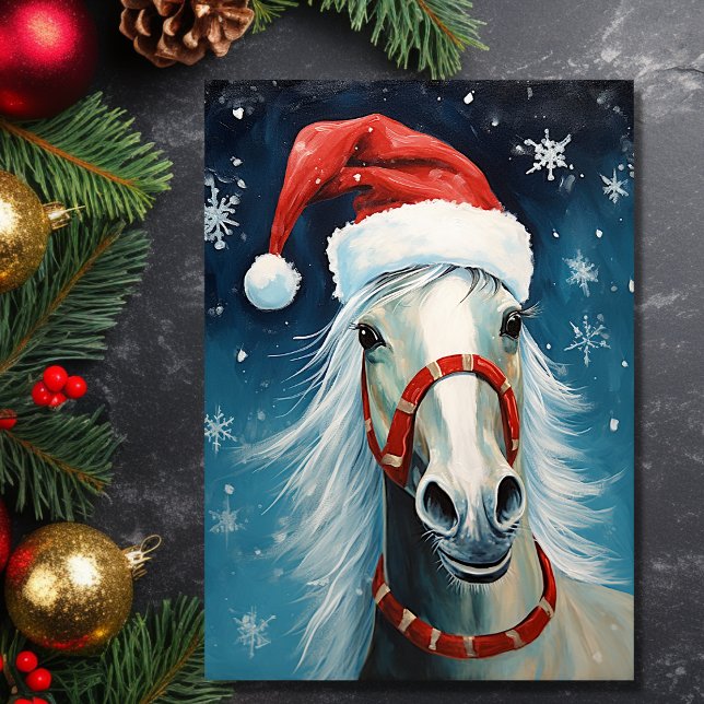 Cute Tecknad Horse Wearing Santa Hat jul Helgkort (Front - Cute Cartoon Horse Wearing Santa Hat Christmas Holiday Card)