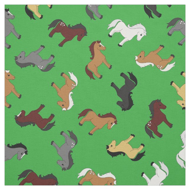 Cute Tecknad Horses Kids Grönt Tyg (Provkarta)