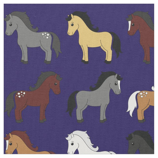 Cute Tecknad Horses Kids Mörk Navy Blue Tyg (Närbild)