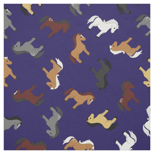 Cute Tecknad Horses Kids Mörk Navy Blue Tyg (Provkarta)