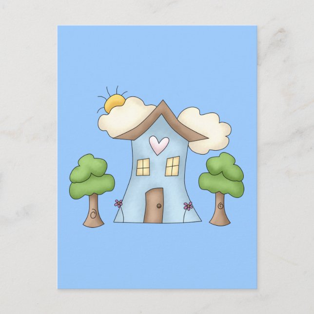 Cute Tecknad House Träd Scene Vykort (Framsida)