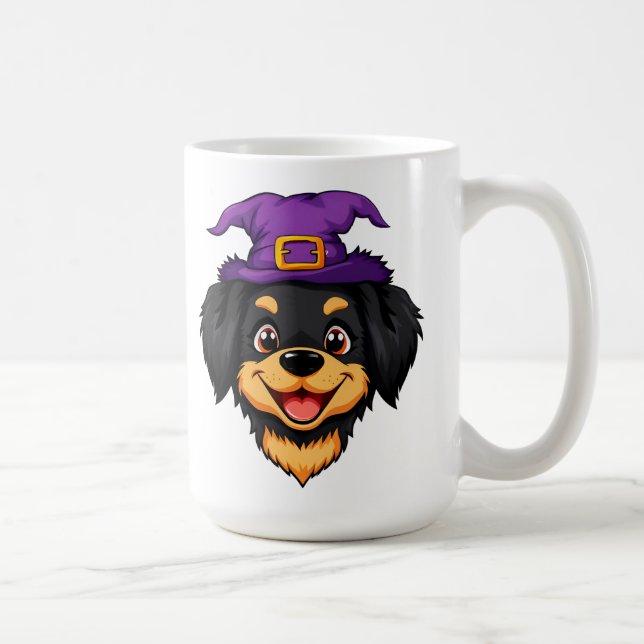 Cute Tecknad hund med Lila Witch Hat Kaffemugg (Höger)