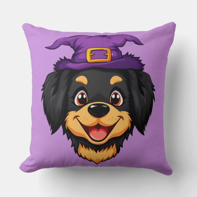 Cute Tecknad hund med Lila Witch Hat Kudde (Framsida)