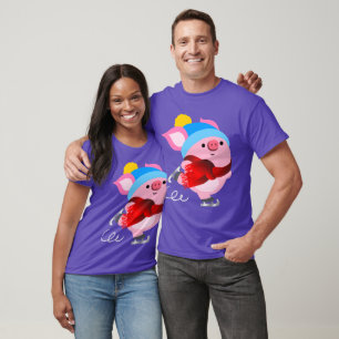 Cute Tecknad Ice Skating Gris T-Shirt