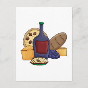 Cute Tecknad Italy Food Pasta Bread Vin Cheese Vykort