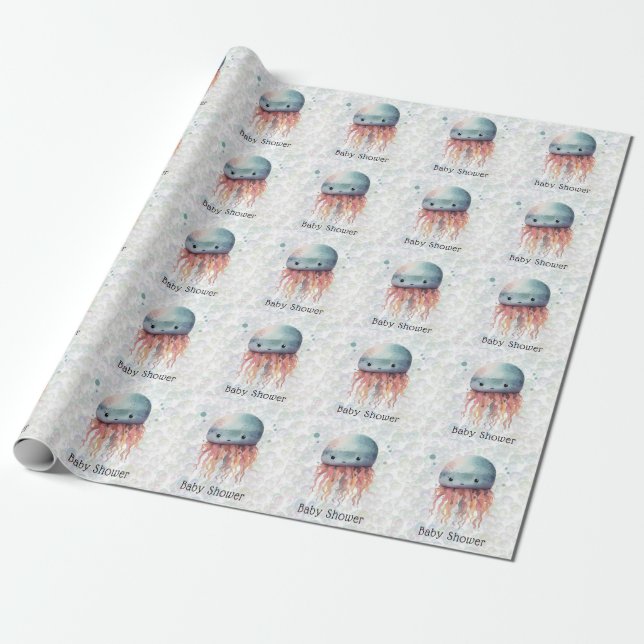 Cute Tecknad Jellyfish Bubbles Neutralt Baby Showe Presentpapper (Utrullad)